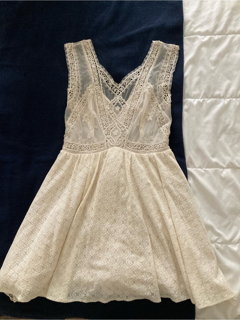 Free People Ivory Lace V-Neck Mini Dress